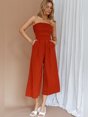 C/Meo Collective Chosen Strapless Crop Wide Leg Jumpsuit Orange Sz M